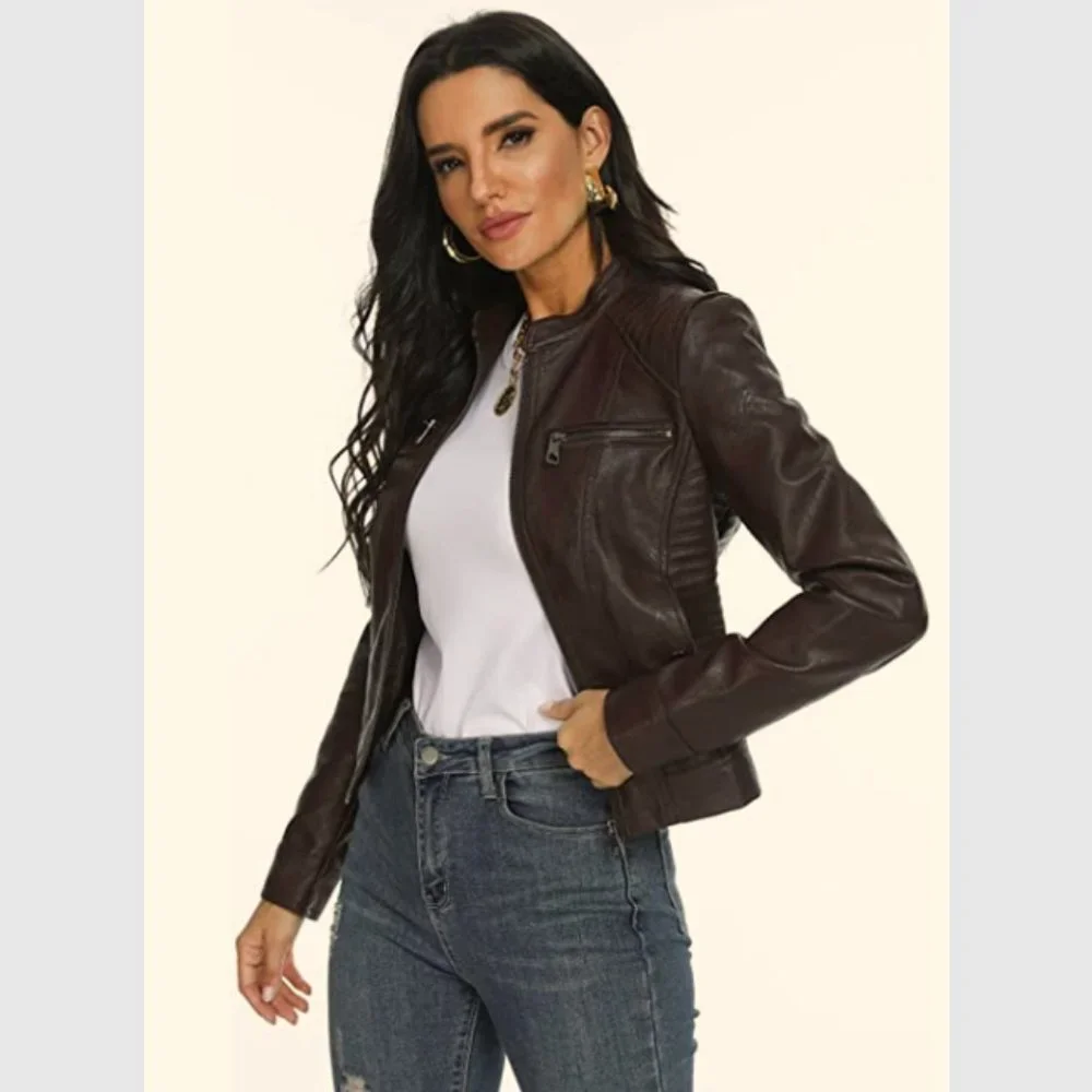 New with Tags Fahsyee Women's Zip-Up Faux Leather Jacket, Size M, Coffee Brown - Picture 8 of 13